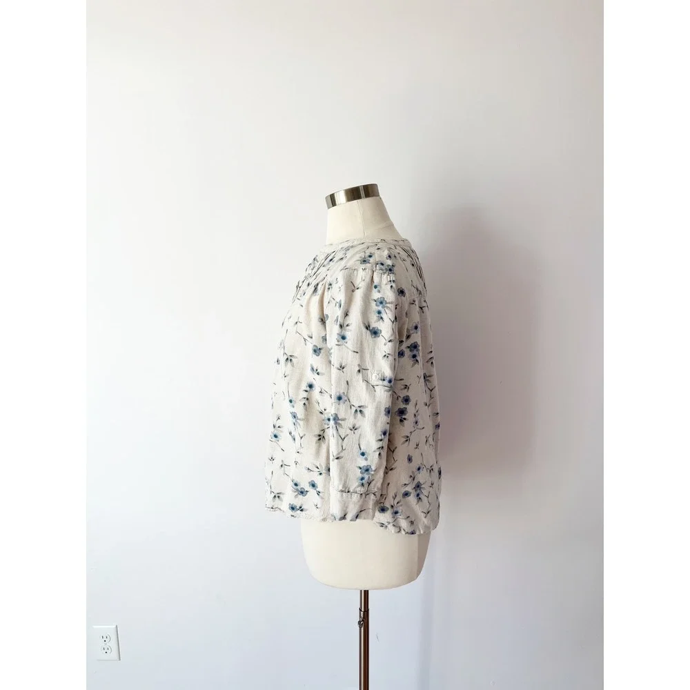 Vermont‎ Country Store Blouse Beige Blue Floral Linen Blend Pleated Plus 1X - Picture 3 of 6
